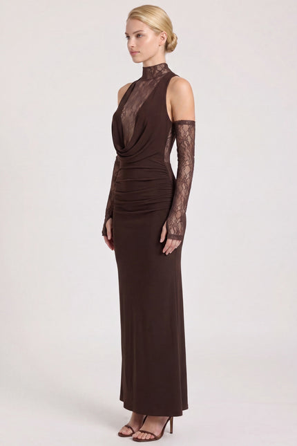 Sleeveless Lace Dress - Brown - side view