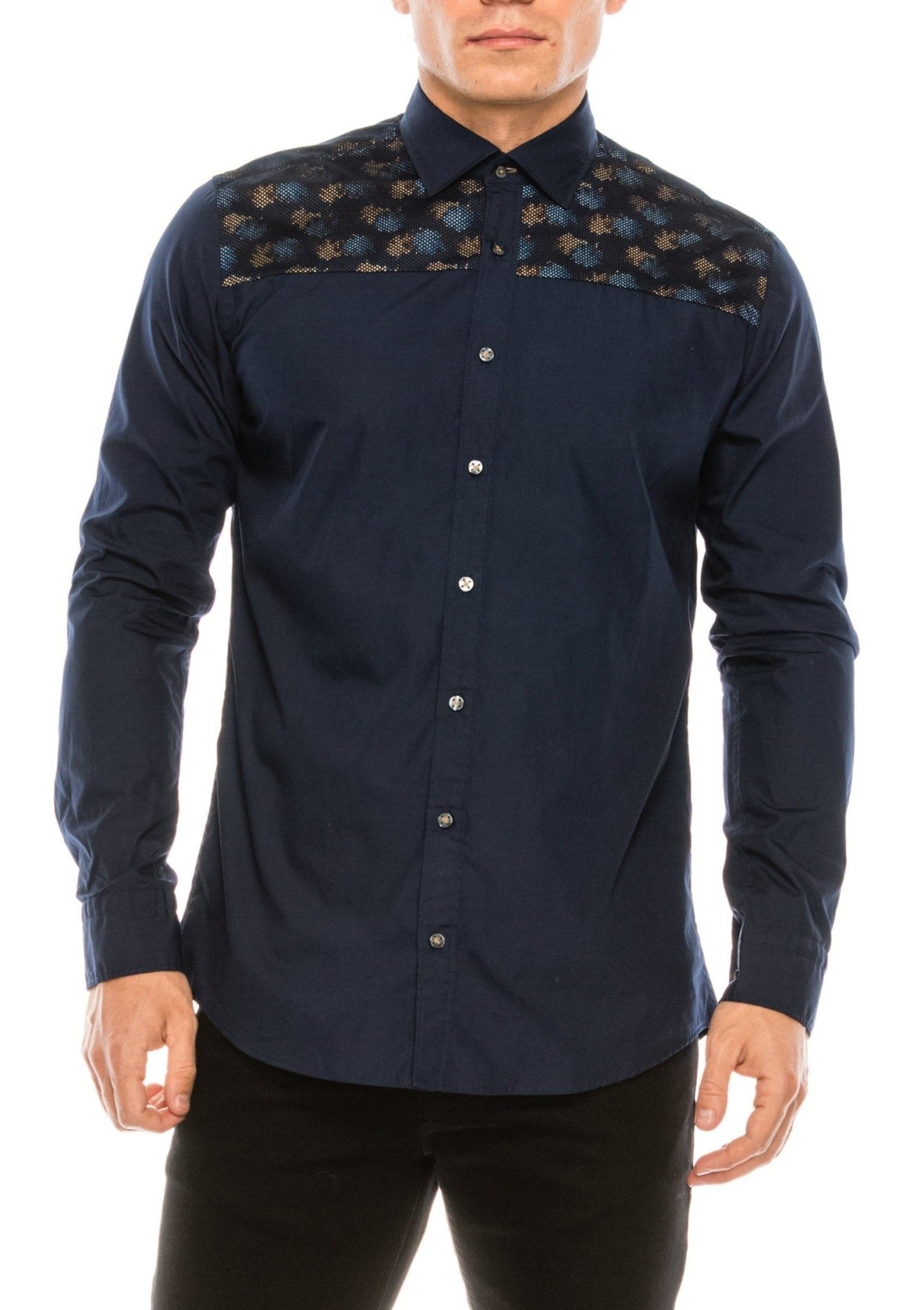 Slim Fit Fleece Shirt - Navy Brown - Ron Tomson