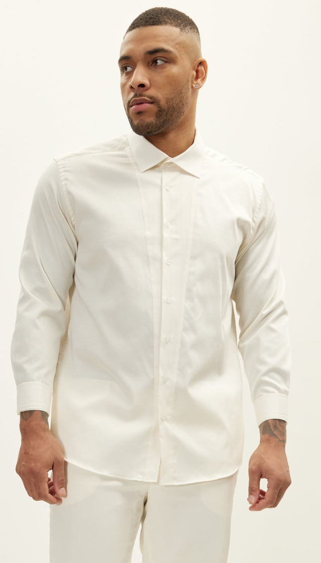 Slim Fit Pique Front Long Sleeve Tuxedo Shirt - Beige - Ron Tomson