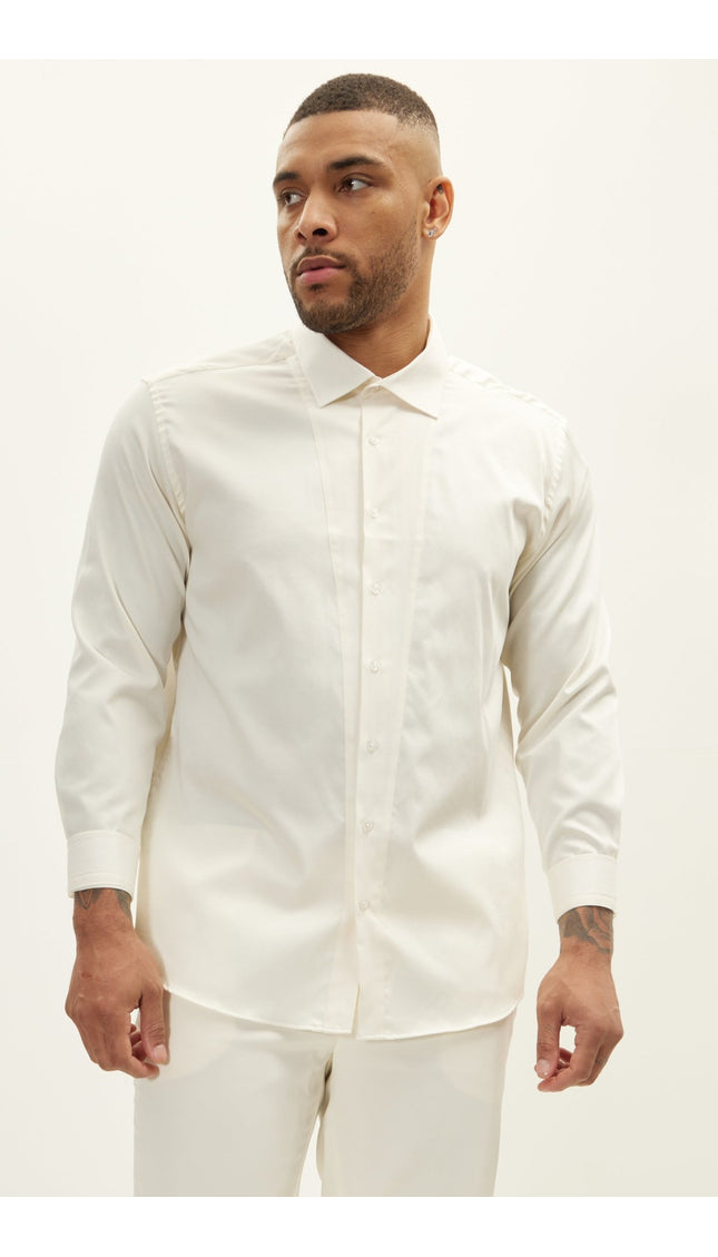 Slim Fit Pique Front Long Sleeve Tuxedo Shirt - Beige - Ron Tomson