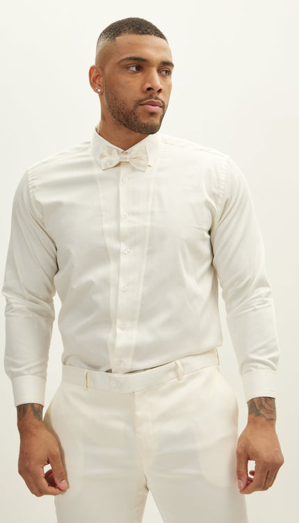 Slim Fit Pique Front Long Sleeve Tuxedo Shirt - Beige - Ron Tomson