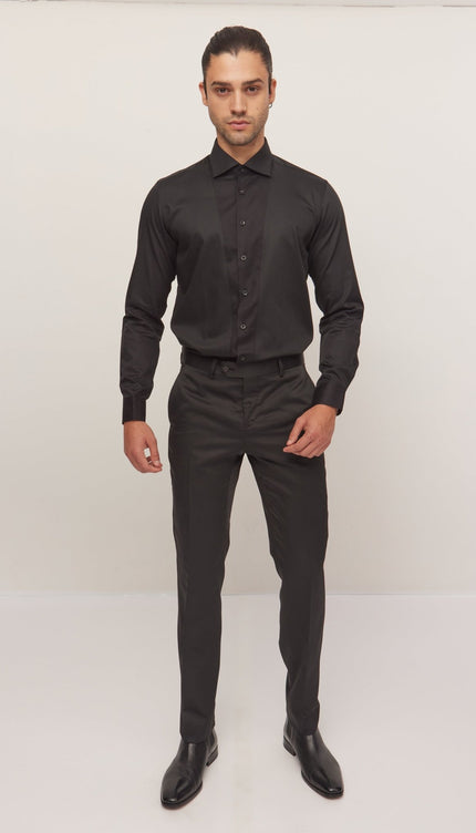 Slim Fit Pique Front Long Sleeve Tuxedo Shirt - Black - Ron Tomson