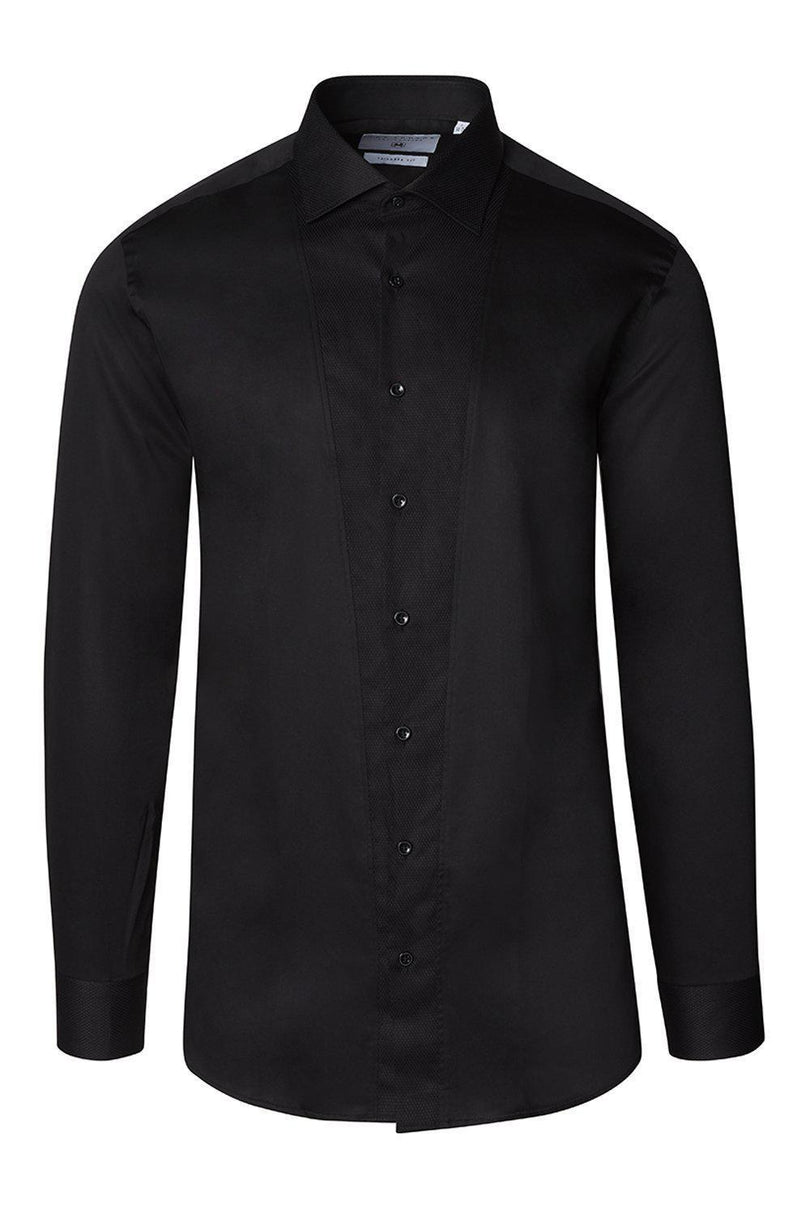 Slim Fit Pique Front Long Sleeve Tuxedo Shirt - Black - Ron Tomson