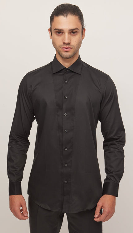 Slim Fit Pique Front Long Sleeve Tuxedo Shirt - Black - Ron Tomson