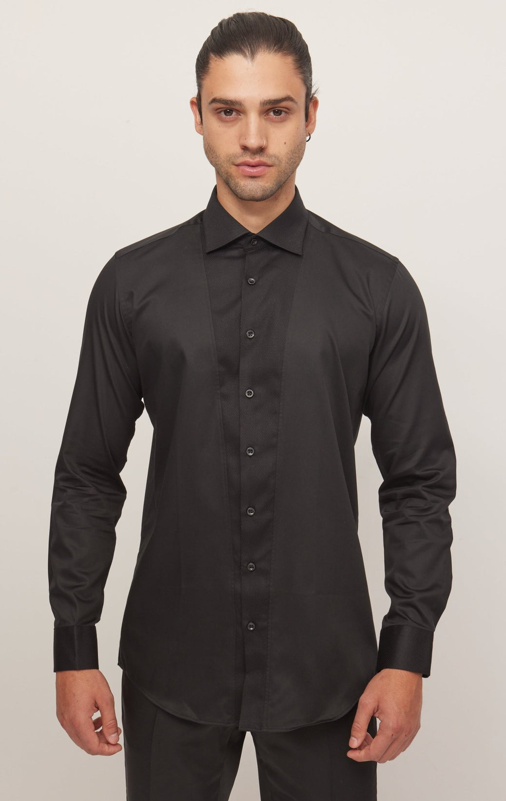 Slim Fit Pique Front Long Sleeve Tuxedo Shirt - Black - Ron Tomson