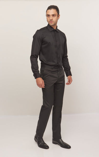 Slim Fit Pique Front Long Sleeve Tuxedo Shirt - Black - Ron Tomson