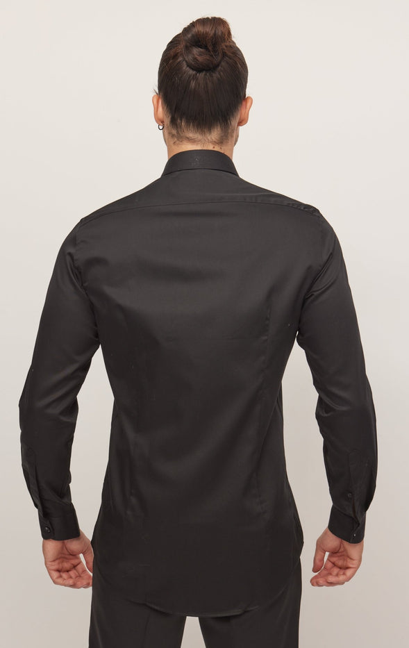 Slim Fit Pique Front Long Sleeve Tuxedo Shirt - Black - Ron Tomson