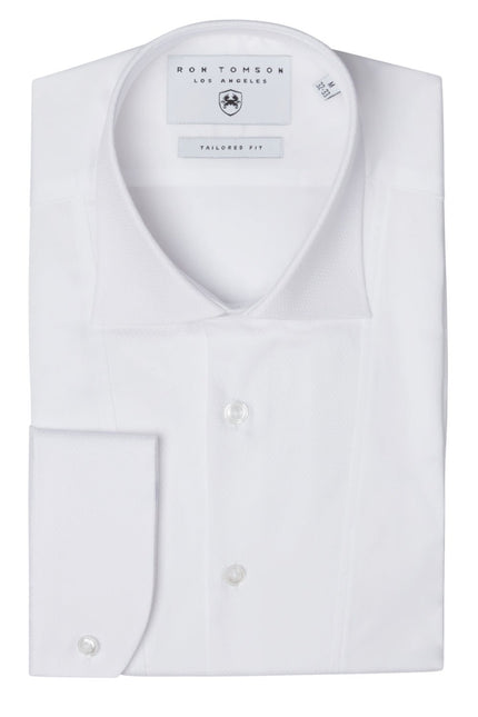 Slim Fit Pique Front Long Sleeve Tuxedo Shirt - White - Ron Tomson