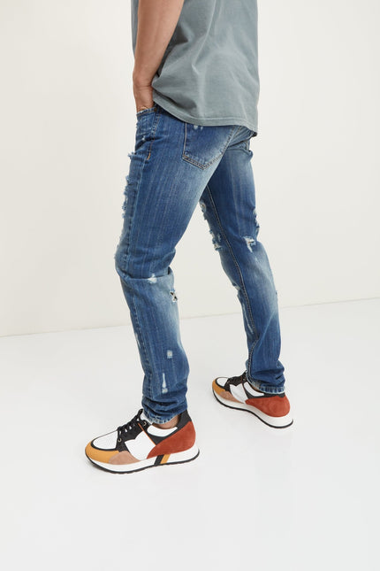 Slim Straight Cotton Denim Jeans - Navy - Ron Tomson
