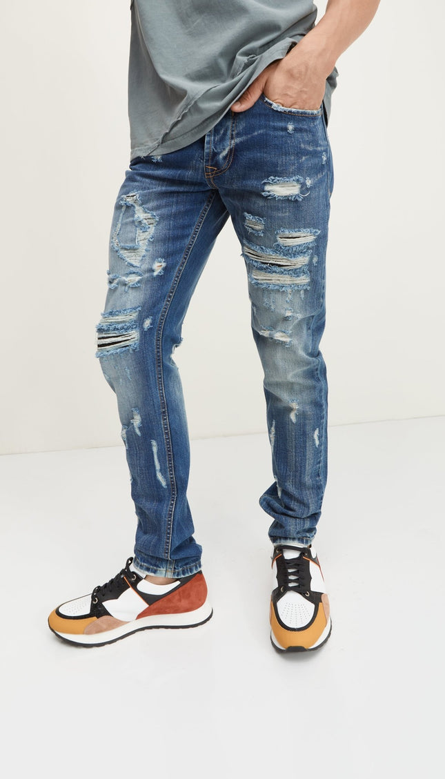 Slim Straight Cotton Denim Jeans - Navy - Ron Tomson