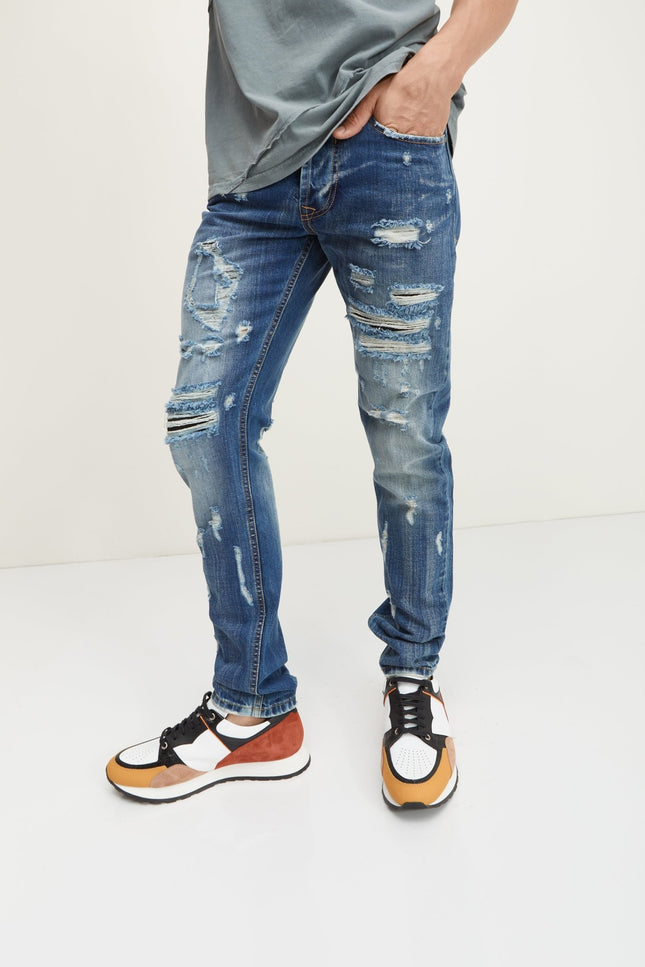 Slim Straight Cotton Denim Jeans - Navy - Ron Tomson