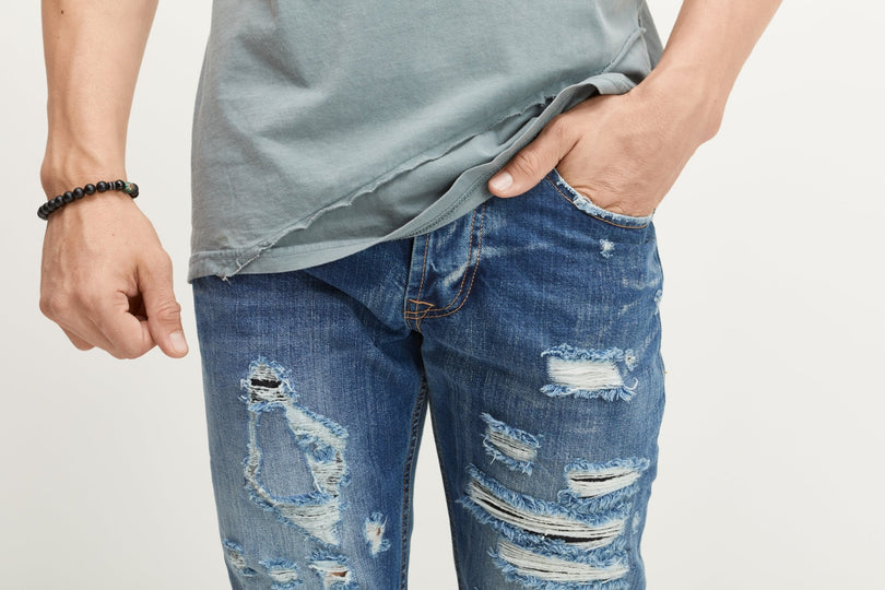 Slim Straight Cotton Denim Jeans - Navy - Ron Tomson