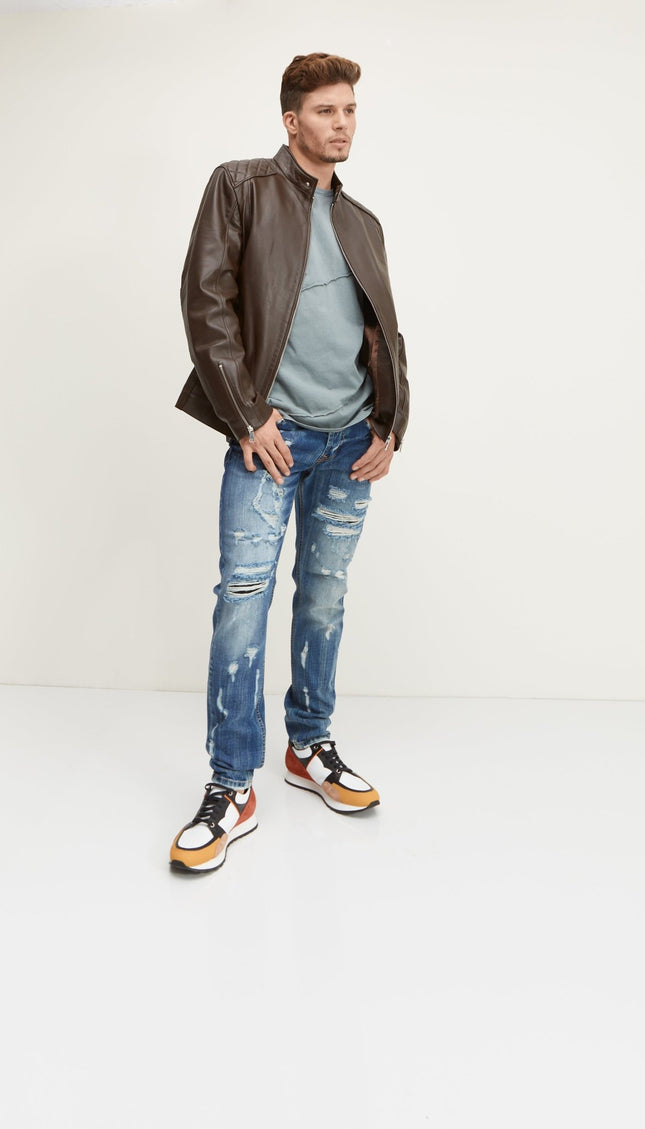 Slim Straight Cotton Denim Jeans - Navy - Ron Tomson