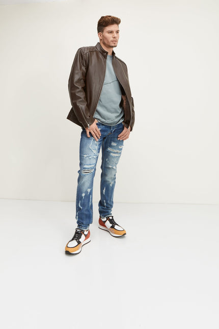 Slim Straight Cotton Denim Jeans - Navy - Ron Tomson