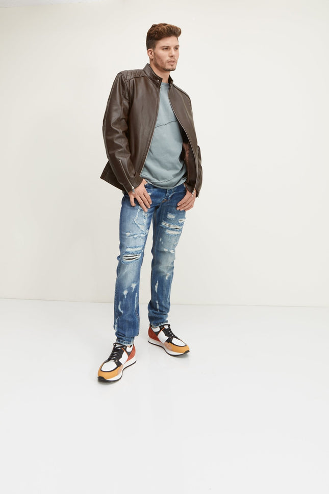 Slim Straight Cotton Denim Jeans - Navy - Ron Tomson