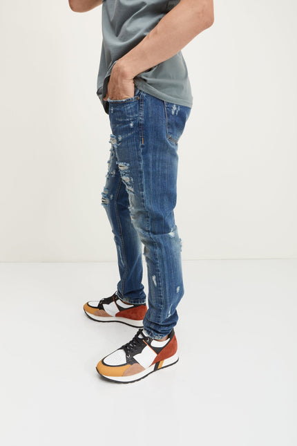 Slim Straight Cotton Denim Jeans - Navy - Ron Tomson