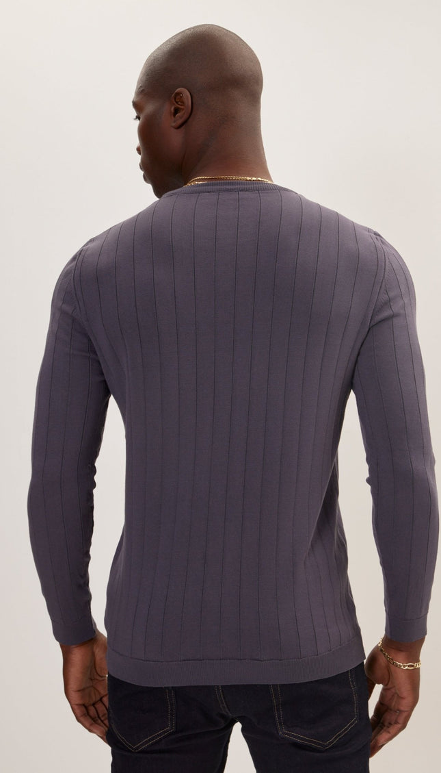 Slip-Stitch Crew Neck Long Sleeve Sweater - Anthracite - Ron Tomson