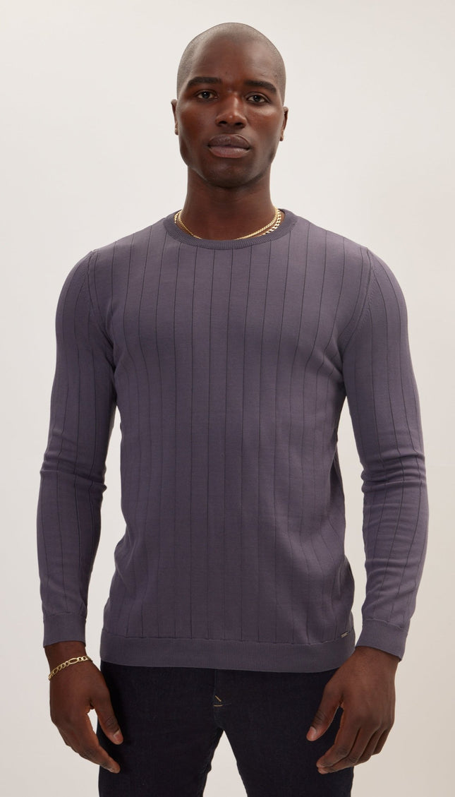 Slip-Stitch Crew Neck Long Sleeve Sweater - Anthracite - Ron Tomson