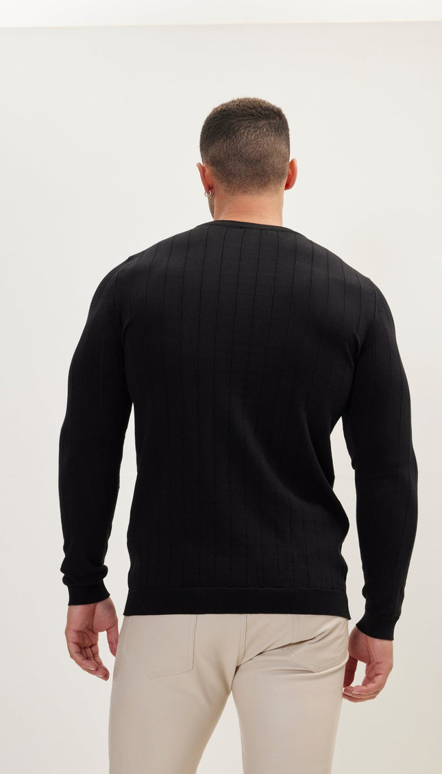 Slip-Stitch Crew Neck Long Sleeve Sweater - Black - Ron Tomson