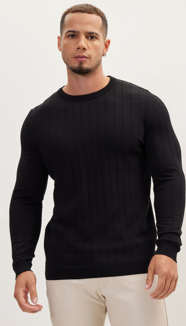 Slip-Stitch Crew Neck Long Sleeve Sweater - Black - Ron Tomson
