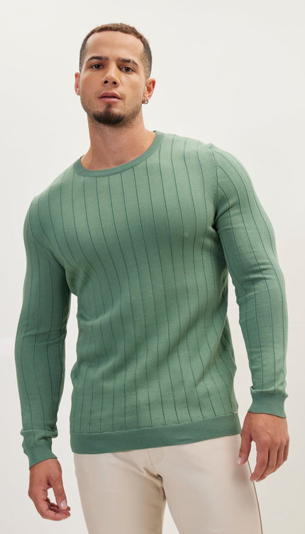 Slip-Stitch Crew Neck Long Sleeve Sweater - Green - Ron Tomson