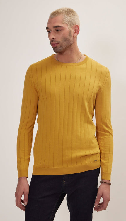 Slip-Stitch Crew Neck Long Sleeve Sweater - Mustard - Ron Tomson