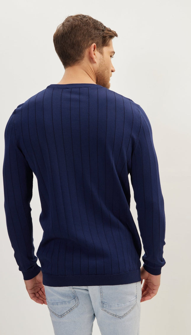 Slip-Stitch Crew Neck Long Sleeve Sweater - Navy - Ron Tomson