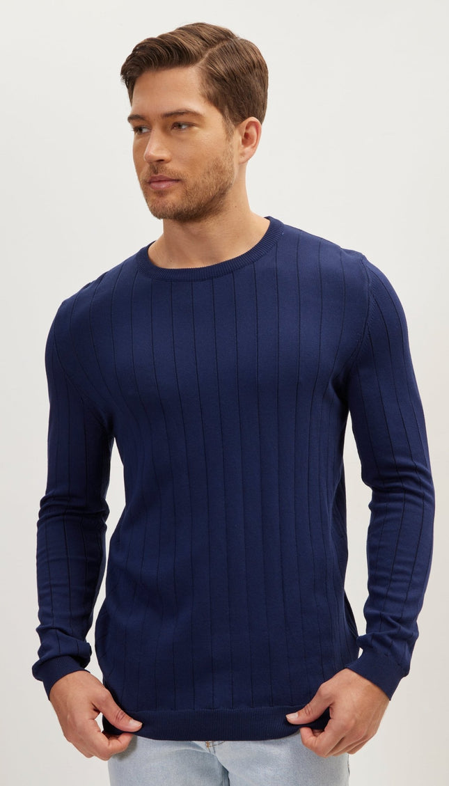 Slip-Stitch Crew Neck Long Sleeve Sweater - Navy - Ron Tomson