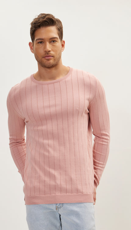 Slip - Stitch Crew Neck Long Sleeve Sweater - Rose - Ron Tomson