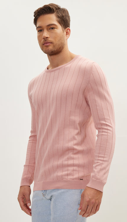 Slip - Stitch Crew Neck Long Sleeve Sweater - Rose - Ron Tomson