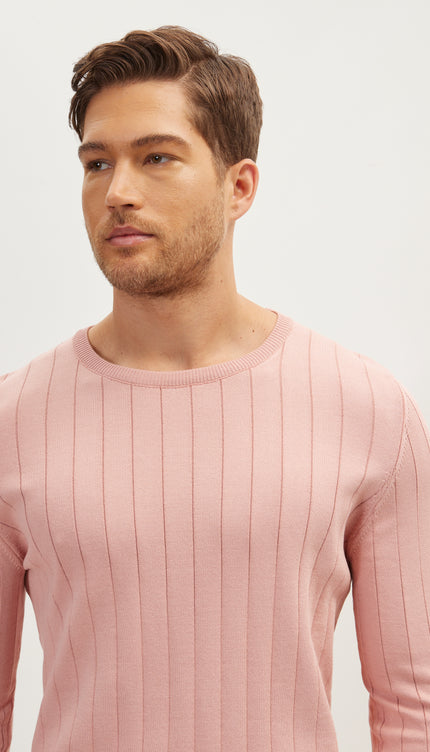 Slip - Stitch Crew Neck Long Sleeve Sweater - Rose - Ron Tomson