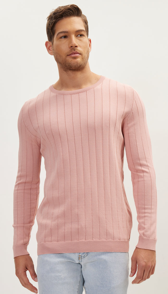 Slip - Stitch Crew Neck Long Sleeve Sweater - Rose - Ron Tomson