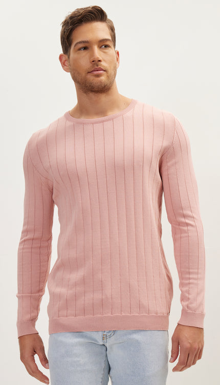 Slip - Stitch Crew Neck Long Sleeve Sweater - Rose - Ron Tomson