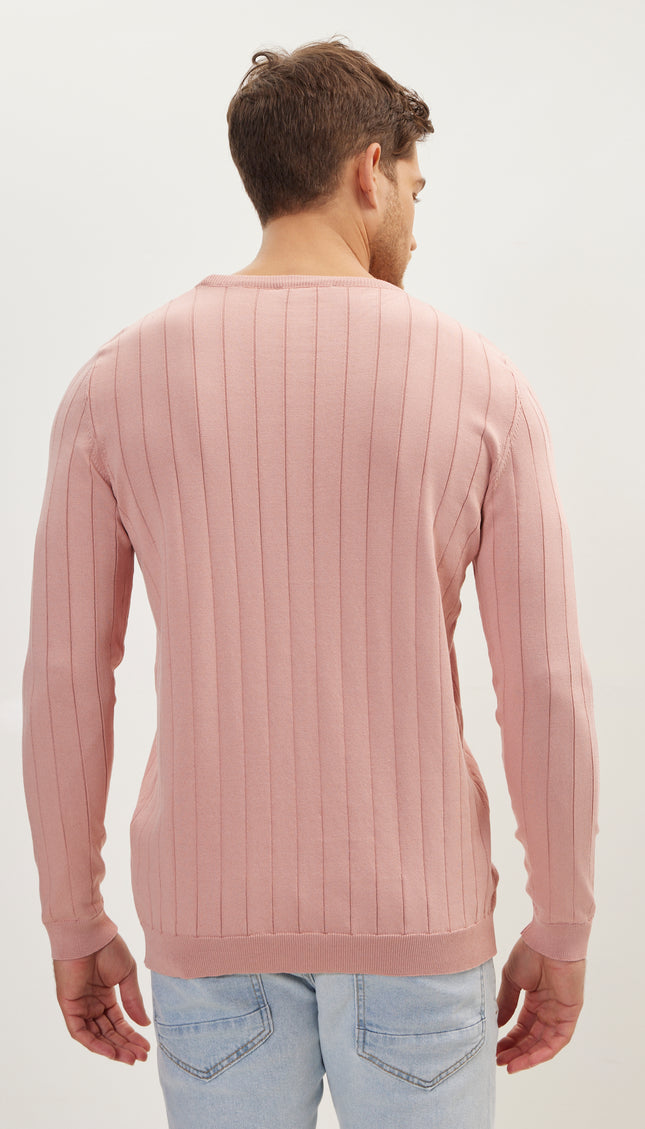 Slip - Stitch Crew Neck Long Sleeve Sweater - Rose - Ron Tomson