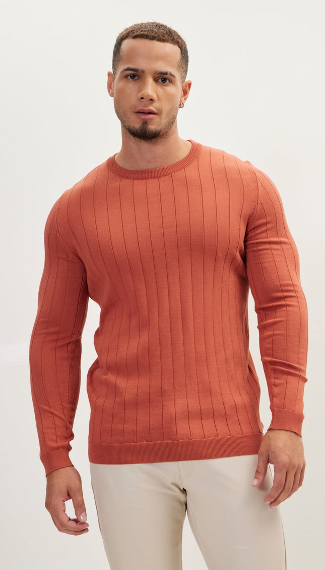 Slip-Stitch Crew Neck Long Sleeve Sweater - Tile - Ron Tomson