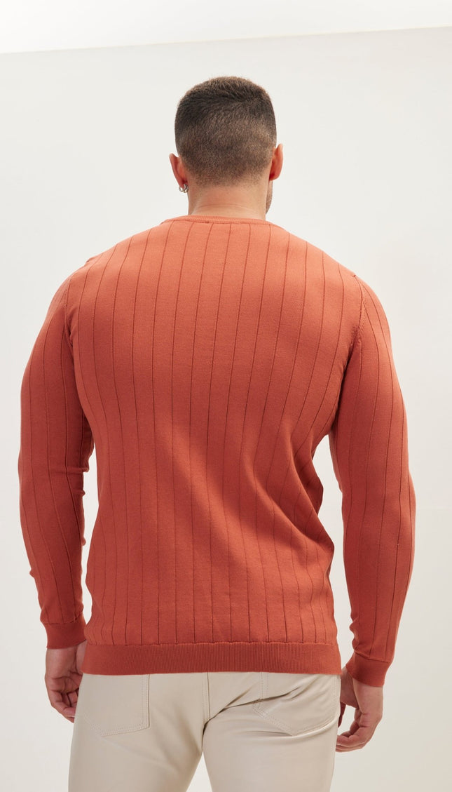 Slip-Stitch Crew Neck Long Sleeve Sweater - Tile - Ron Tomson