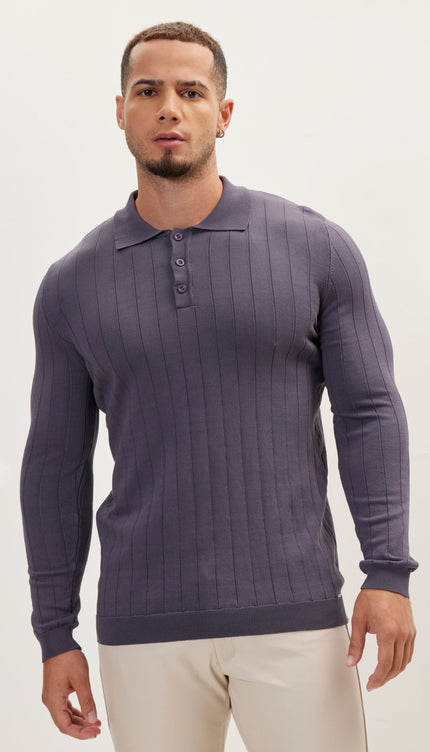 Slip-Stitch Polo Neck Long Sleeve Sweater - Anthracite - Ron Tomson