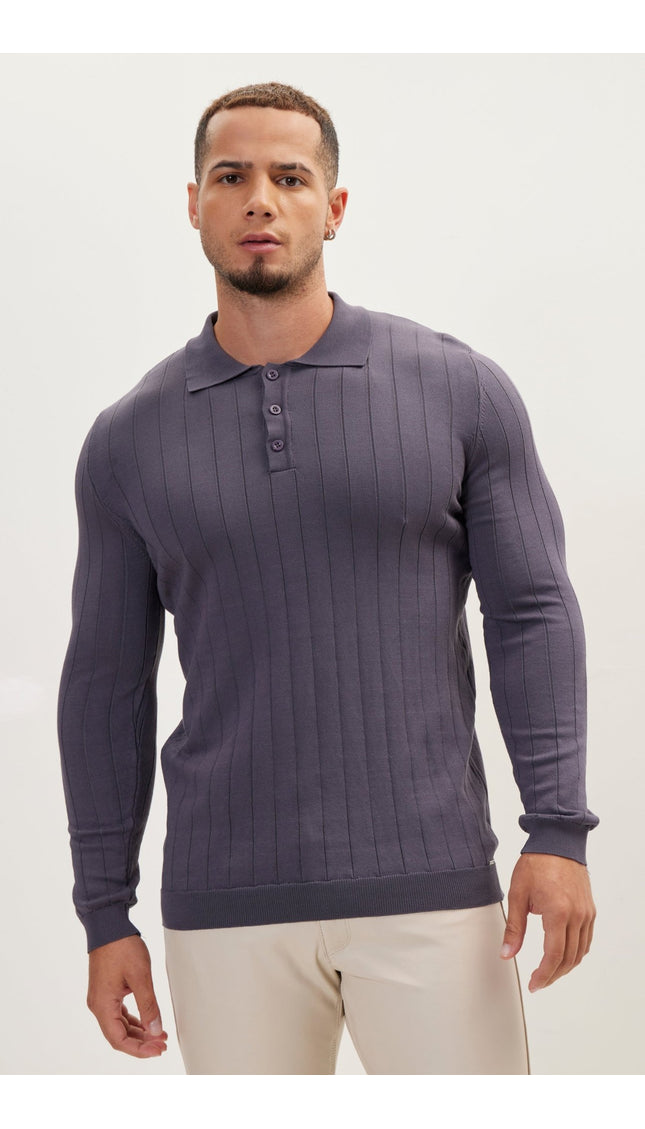 Slip-Stitch Polo Neck Long Sleeve Sweater - Anthracite - Ron Tomson