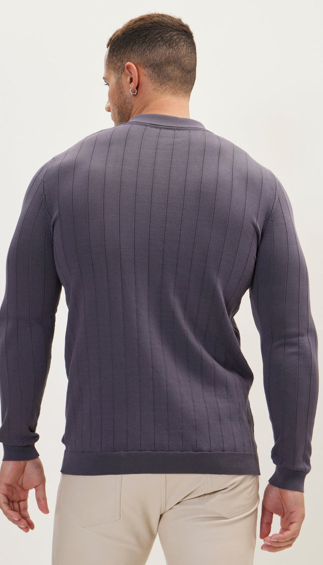 Slip-Stitch Polo Neck Long Sleeve Sweater - Anthracite - Ron Tomson