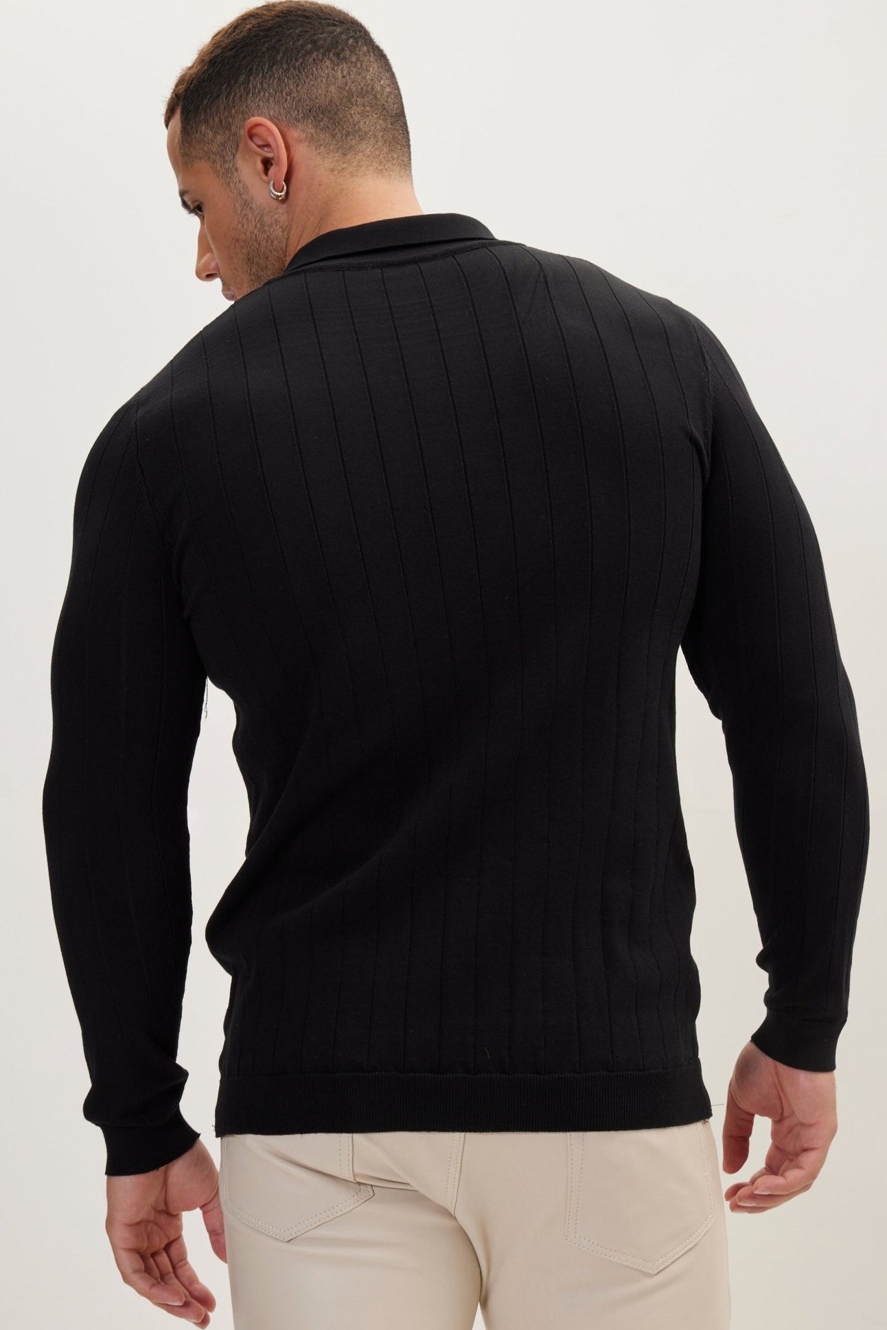 Slip-Stitch Polo Neck Long Sleeve Sweater - Black - Ron Tomson