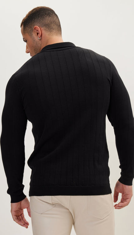 Slip-Stitch Polo Neck Long Sleeve Sweater - Black - Ron Tomson