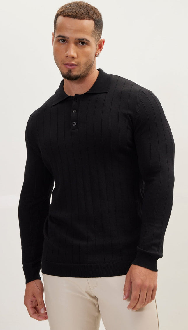 Slip-Stitch Polo Neck Long Sleeve Sweater - Black - Ron Tomson