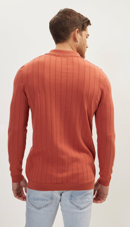 Slip-Stitch Polo Neck Long Sleeve Sweater - Brick - Ron Tomson