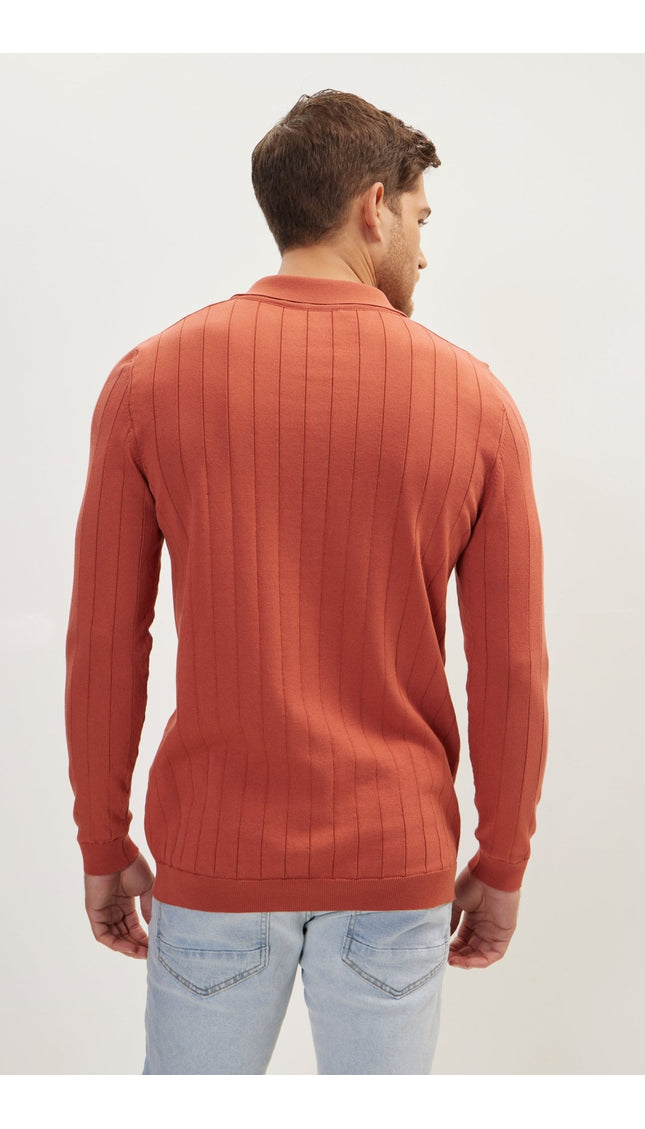 Slip-Stitch Polo Neck Long Sleeve Sweater - Brick - Ron Tomson