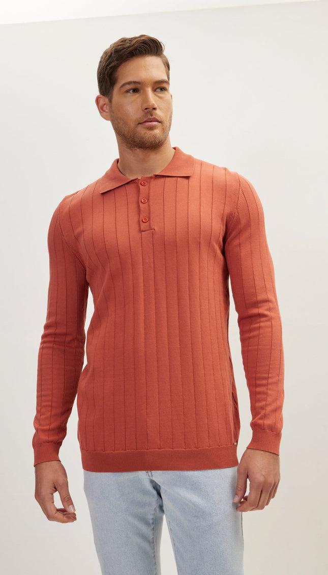 Slip-Stitch Polo Neck Long Sleeve Sweater - Brick - Ron Tomson