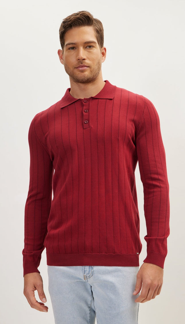 Slip-Stitch Polo Neck Long Sleeve Sweater - Burgundy - Ron Tomson