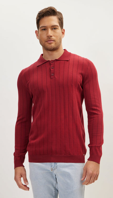 Slip-Stitch Polo Neck Long Sleeve Sweater - Burgundy - Ron Tomson
