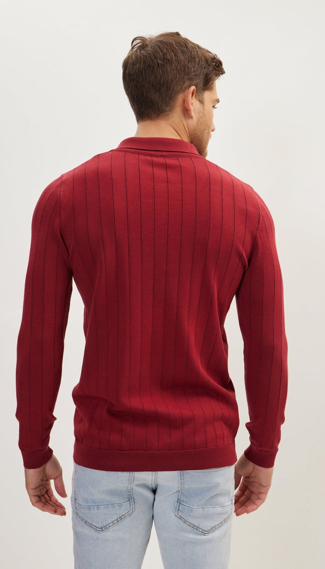 Slip-Stitch Polo Neck Long Sleeve Sweater - Burgundy - Ron Tomson