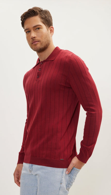Slip-Stitch Polo Neck Long Sleeve Sweater - Burgundy - Ron Tomson