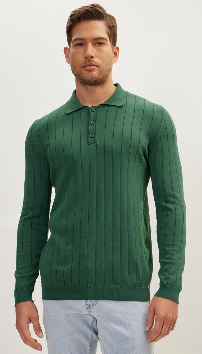 Slip-Stitch Polo Neck Long Sleeve Sweater - Green - Ron Tomson